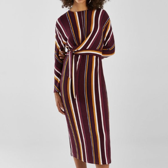 Bershka Dresses & Skirts - NWT- Ribbed Striped Print With Belt Midi Dress